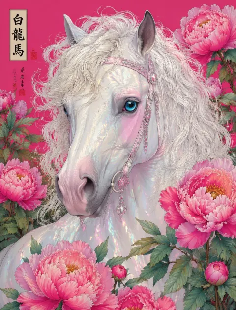 White Horse Peony Ukiyo-e Portrait
