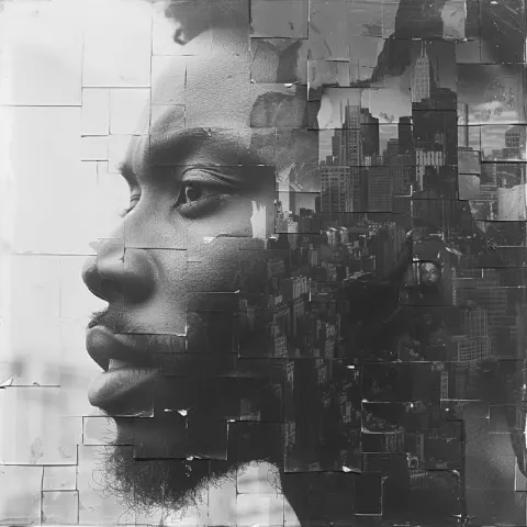 African Man in White Mosaic Double Exposure Cityscape