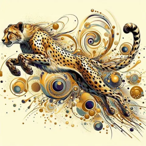 Shimmering Gold Cheetah Leaping with Ink Flow