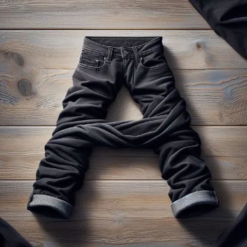 Black Jeans Folded Into Letter A on Wooden Table
