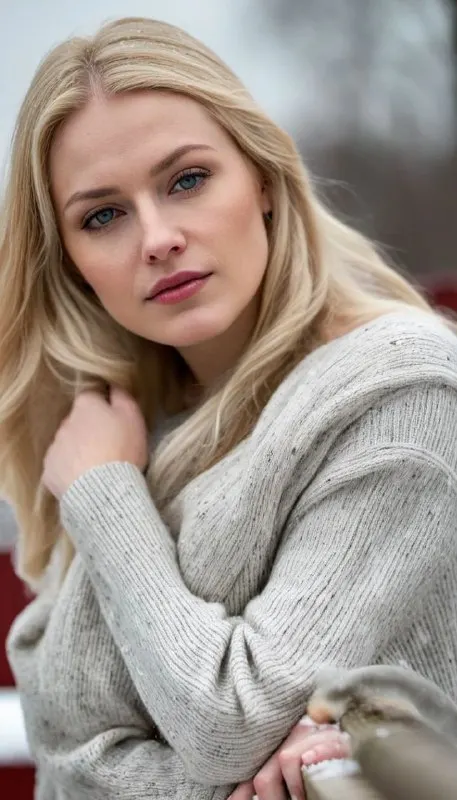 Blonde Woman by Crooked Fence in Snowy Neighborhood
