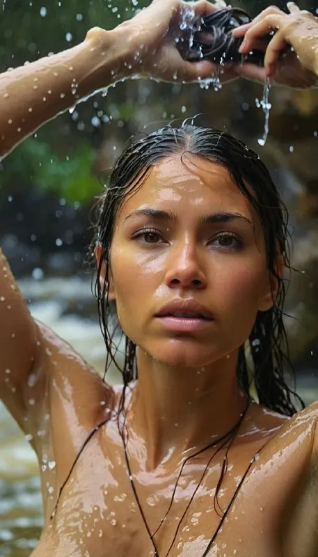 South Pacific Woman Under Flowing Waterfall Close-Up