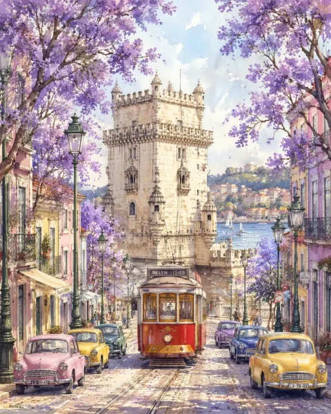 Lisbon Belém Watercolor Street Scene