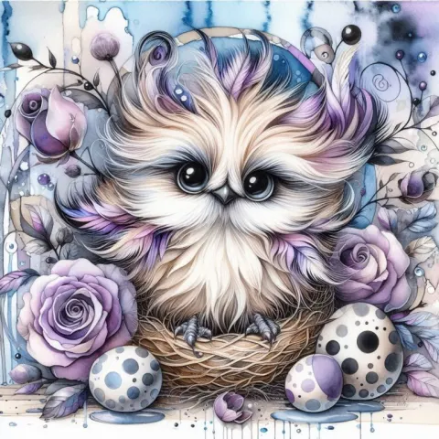 Whimsical Bird with Lilac Roses Nest
