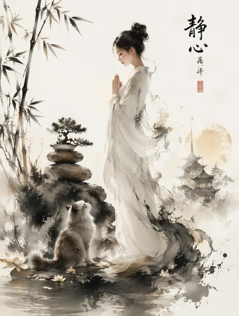 Zen Ink Cat Meditation Art