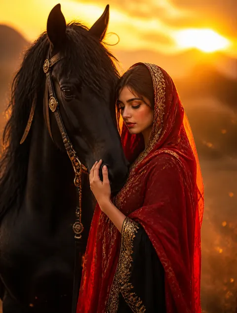 Red-Veiled Woman and Black Stallion