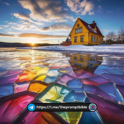 Frozen Lake Like Stained Glass With Yellow House
