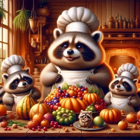 Cozy Raccoons Feast in Warm Kitchen