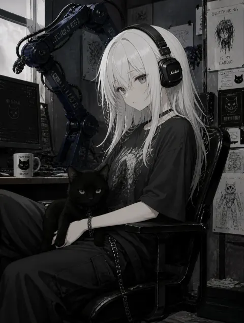 Mecha Girl with Black Cat