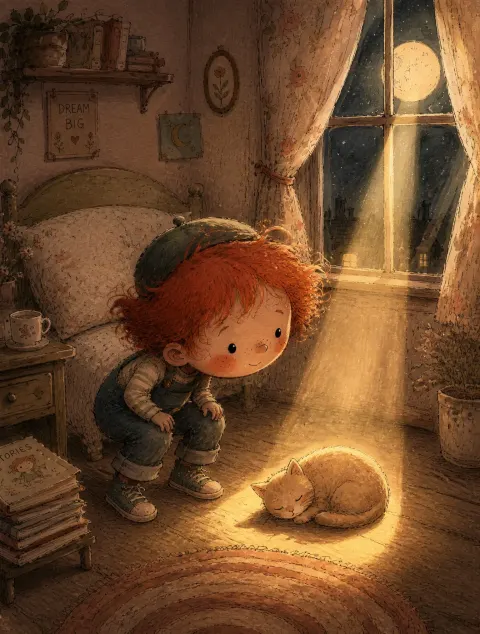 Redhead Boy Discovers Moonlit Cat