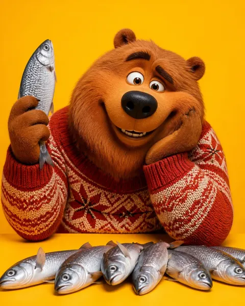 Cozy Bear Winter Fish Portrait