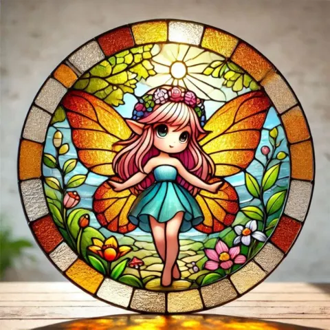 3D Stained Glass Fairy in Garden Scene