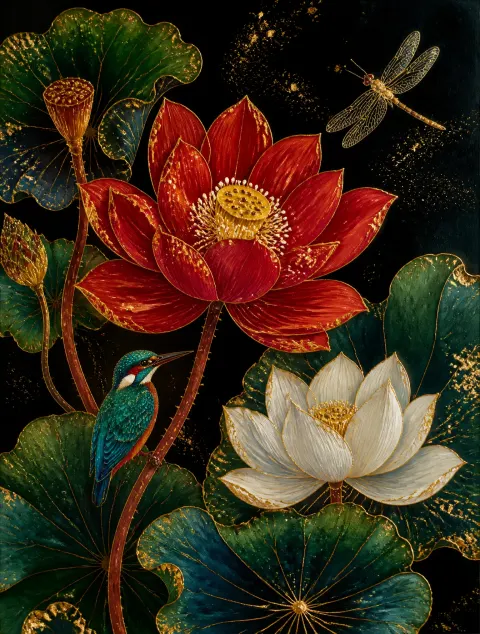 Black-Gold Lotus Rinpa Painting