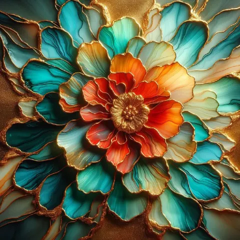 Alcohol Ink Stained Glass Flower in Teal and Tangerine