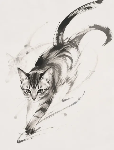 Dynamic Ink Wash Cat Sketch