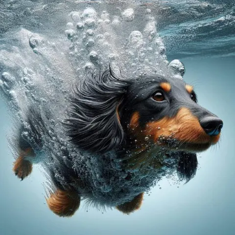 Dachshund Diving Underwater With Splash Hyperreal Shot