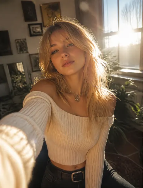 Cinematic Russian Woman Sunlit Selfie