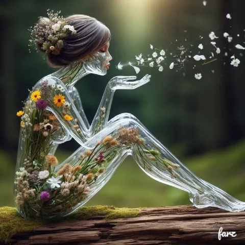 Glass Bodied Woman With Flowers Sitting in Grass