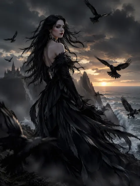 Gothic Beauty on Windswept Cliff