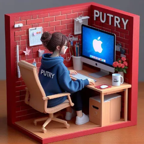 Smiling Hijab Woman at Office Desk 3D Diorama