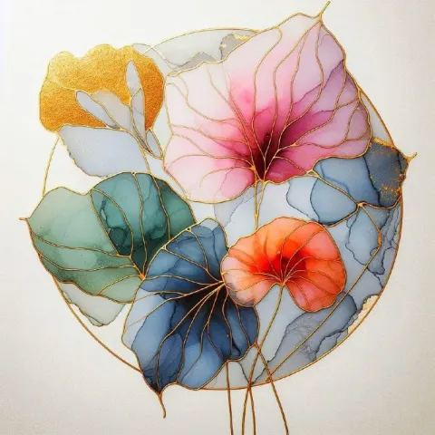 Abstract Alcohol Ink Araceae Plants With Gold Lines