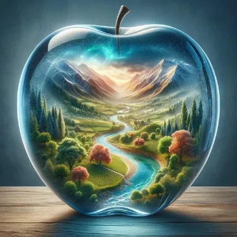 Glass Apple Sculpture With Japanese Landscape Inside