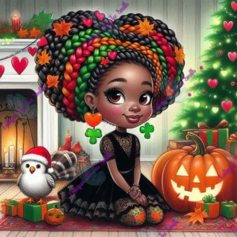 Whimsical Girl with Jack-o-Lantern and Turkey