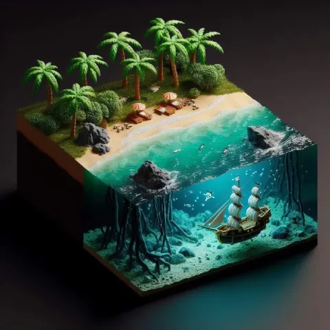 Isometric Night Miniature Mount Fuji Island Landscape