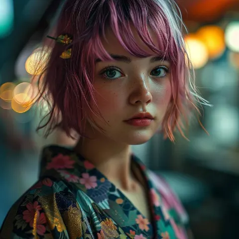 Iridescent Pink Haired Girl in Japanese Gold Fashion