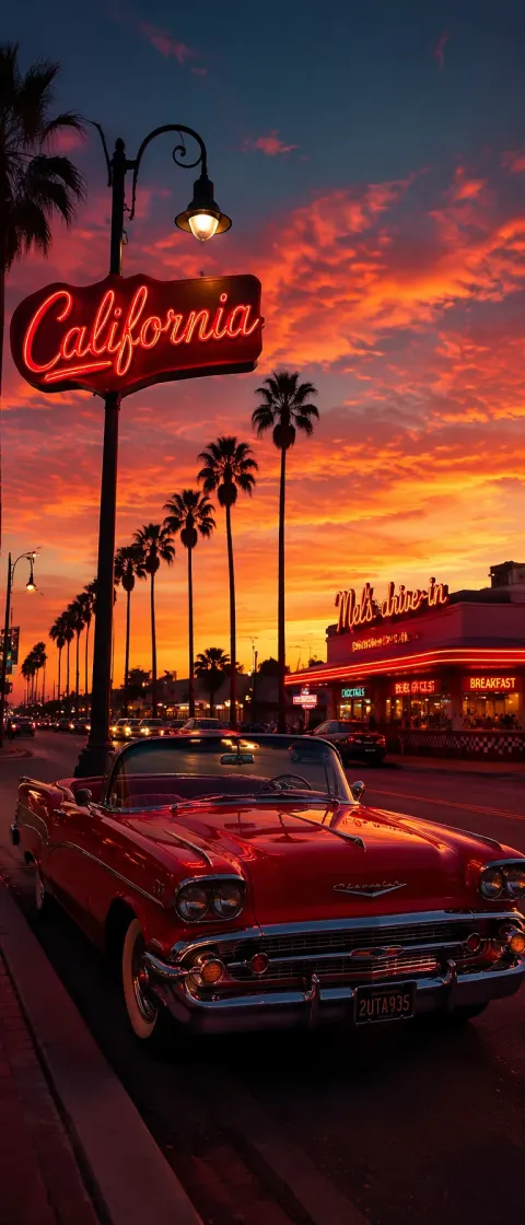Retro California Sunset Classic Car
