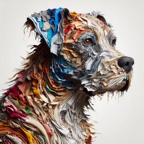 Dog Portrait From Torn Fabric and Paper Patchwork