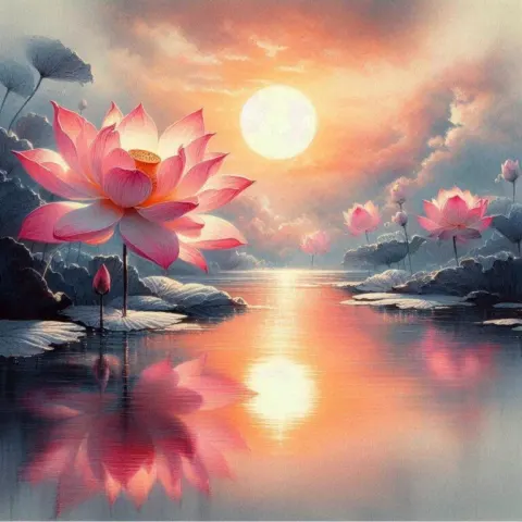 Pink and Orange Lotus at Sunrise Pond
