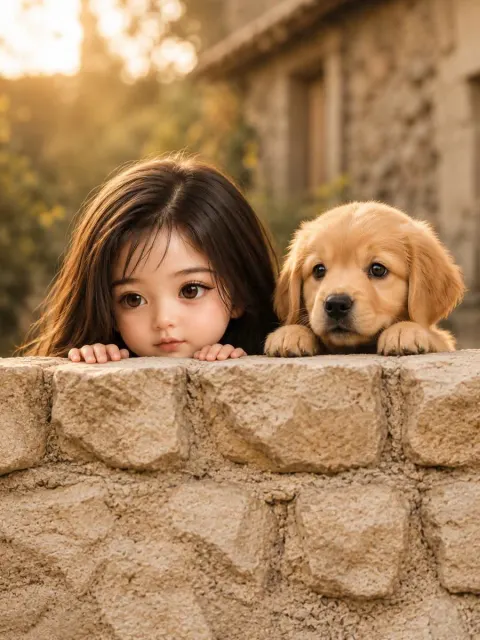 Girl and Puppy Peeking Over Wall