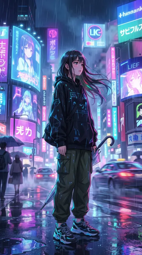 Neon Rain Tokyo Anime Girl