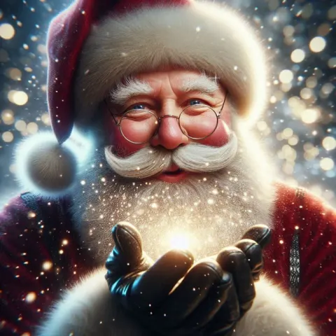 Santa Blowing Sparkling Snowflakes in Bokeh Scene