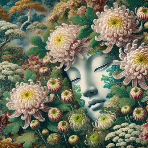 Japanese Chrysanthemums with Serene Figure