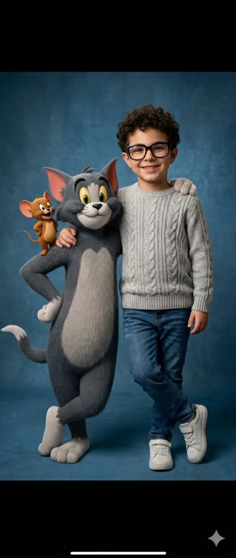 Boy Poses with Tom and Jerry
