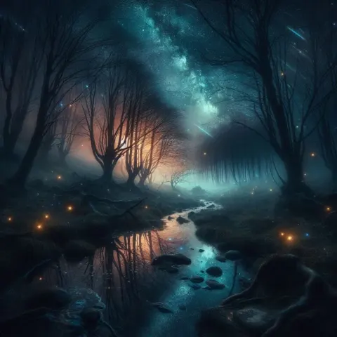 Mystical Stream Reflecting Starry Night Sky