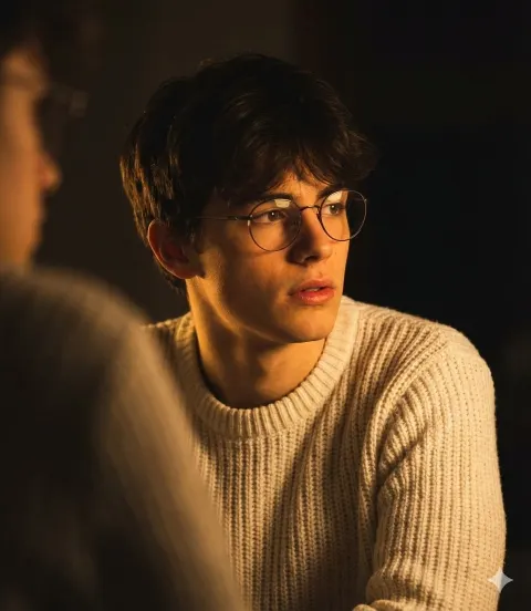 A man with dark hair wearing round glasses and a light crewneck sweater looks off to his right in a dimly lit room.