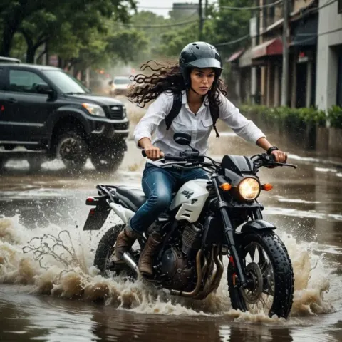 Woman Riding Motorcycle Through Flooded Street