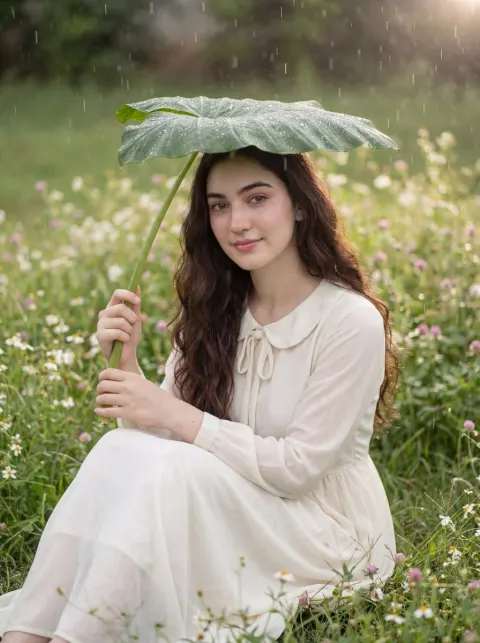 Young Woman in Rainy Green Garden