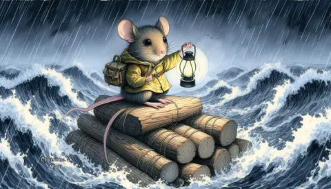 Mouse on Raft in Moonlit Sea