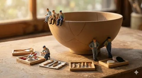 Miniature Workers Rest Beside Restored Object