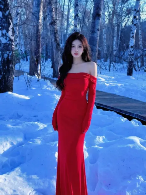 Red Dress Snow Forest Elegance
