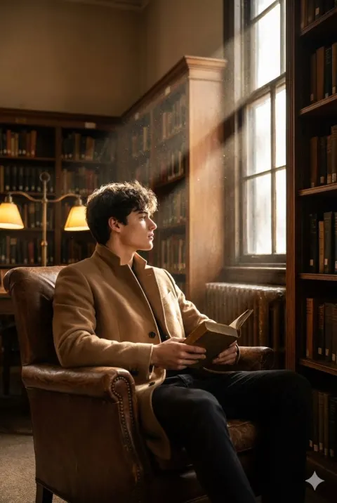 Cinematic Fashion in Dusty Library