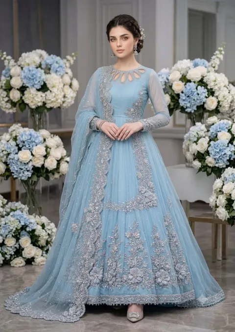 Elegant Sky Blue Pakistani Gown Shoot