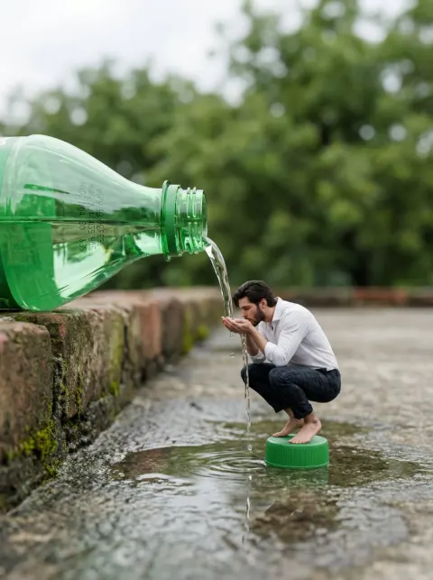 Tiny Man Drinking from Giant Bottle