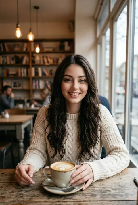 Smiling Woman Cozy Cafe Portrait