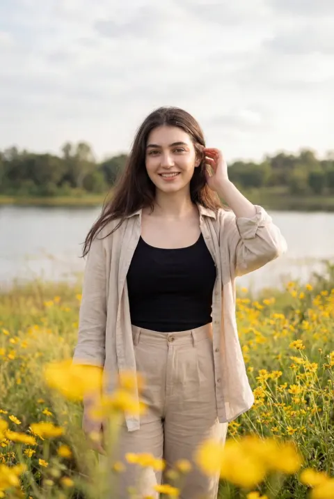 Smiling Woman in Yellow Wildflower Field