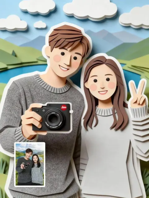 Cute Paper-Cut Couple Selfie Outdoors